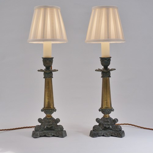 Pair Antique Empire Style Dolphins/Koi Fish Candlestick Table Lamps, Rewired