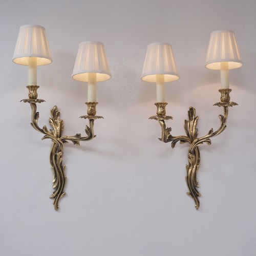 Pair Large Rococo Gilt Bronze Wall Lights Sconces Acanthus Leaf Twin Arm Rewired
