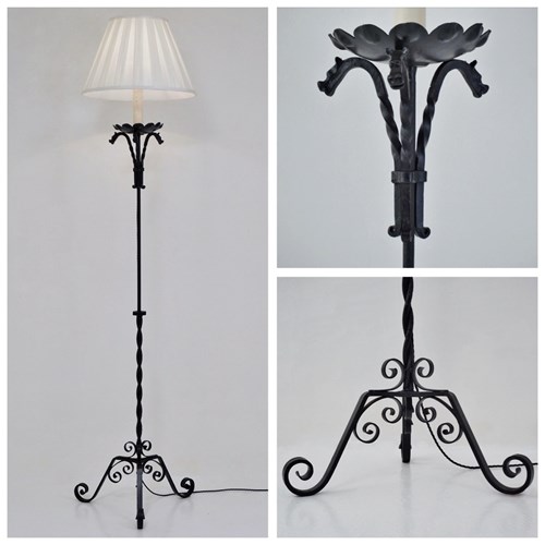 Edouard Schenck Floor Lamp, Hand Forged Wrought Iron Frame With Dragons, Rewired