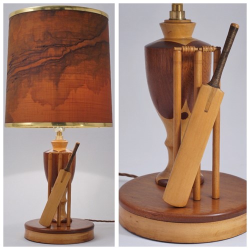 Midcentury Table Lamp Marquetry Wood Inlaid Turned, Cricket Sport Theme, Rewired