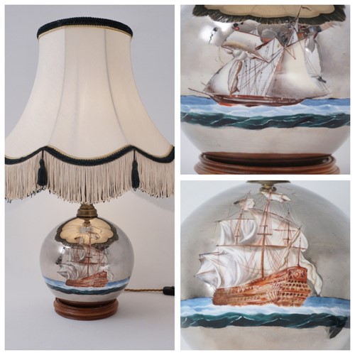 Mercury Glass Antique Table Lamp, Handblown, Galleon & Ship, Rewired