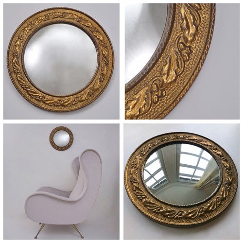 Antique Arts & Crafts Convex Wall Mirror, Round, Brass Acorns, Keswick Style