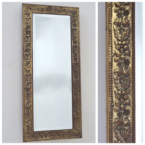 Antique Wall Mirror Arts & Crafts By Peerage, Rectangular, Brass Foliate, Signed