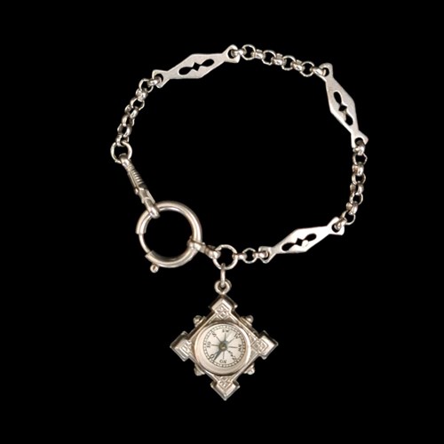 Art Deco Silver Tone Watch Chain Bracelet With Antique Compass Watch Fob Charm 