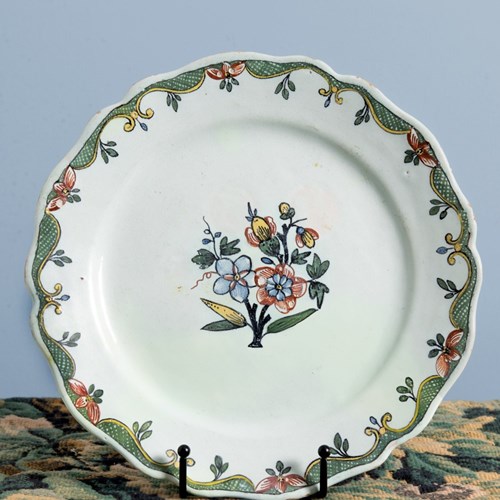 Rouen Faience, Plate With Flowers And Ornate Frieze, 18Th Century