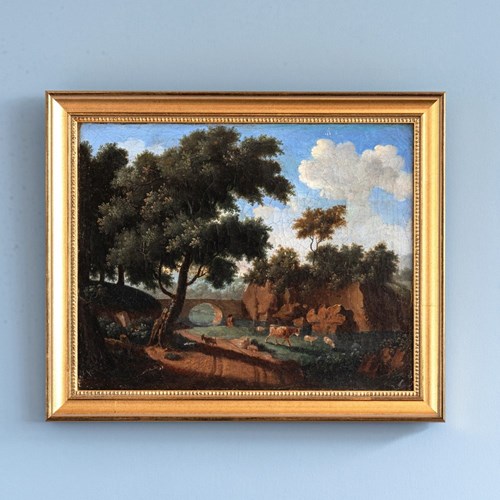 French School, Arcadian Landscape, Oil Painting On Canvas, Late 18Th Century