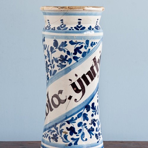 Spanish Blue & White Albarello Jar, 18Th Century