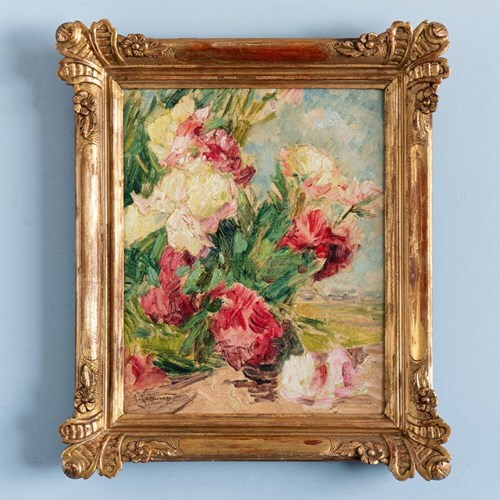 Georges Jeannin, Peonies Against A Landscape, Oil On Canvas, Late C19th 