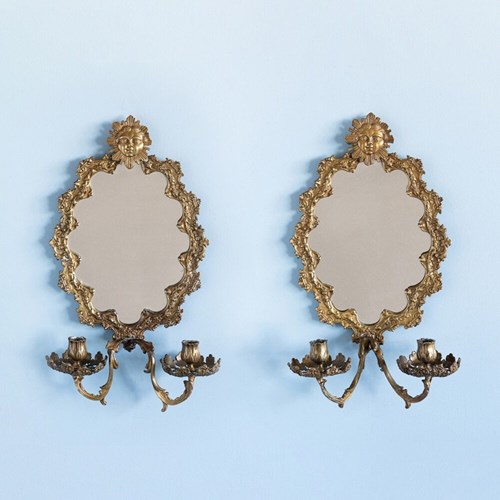 French Bronze Mirrored Oval Sconces, 19Th Century
