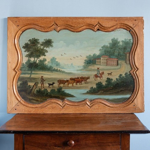 French Boiserie Overdoor Oil Painting On Board, 18Th Century