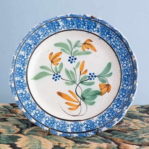 Forge-Les-Eaux Faience, Polychrome Floral Plate With Cul Noir, Early 19Th Centur
