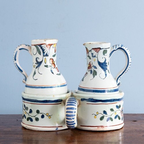 Sinceny Faience, Polychrome Oil & Vinegar Set, 18Th Century
