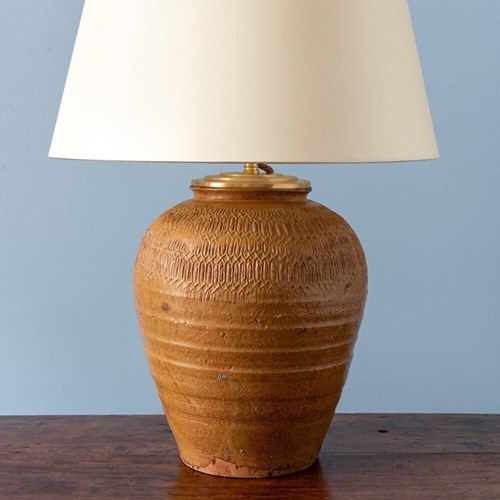 French Carved Stoneware Vase Table Lamp, Midcentury