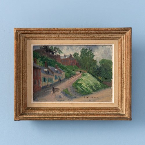 French School, Village Scene, Oil Painting On Canvas, Midcentury