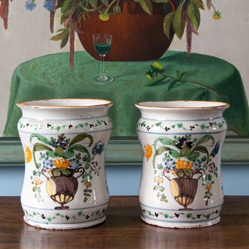 French Faience, Pair Of Polychrome Floral Albarelli, 18Th Century