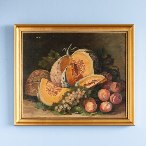 Still Life With Melon & Peaches, Oil Painting On Canvas, Early 20Th Century