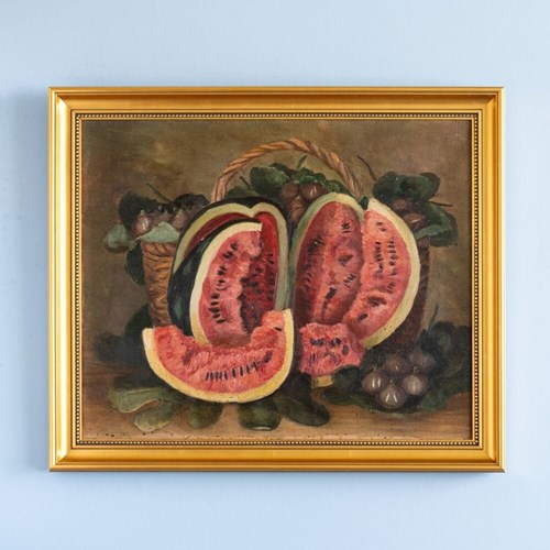 Still Life With Watermelon & Figs, Oil Painting On Canvas, Early 20Th Century