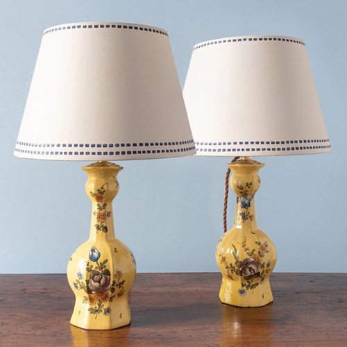Pair Of Moustiers Faience Garlic Neck Vase Lamps, Early 19Th Century