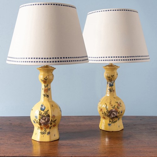 Pair Of Moustiers Faience Garlic Neck Vase Lamps, Early 19Th Century