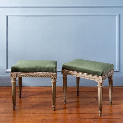 Pair Of French Louis XVI Upholstered Painted Stools, 19Th Century