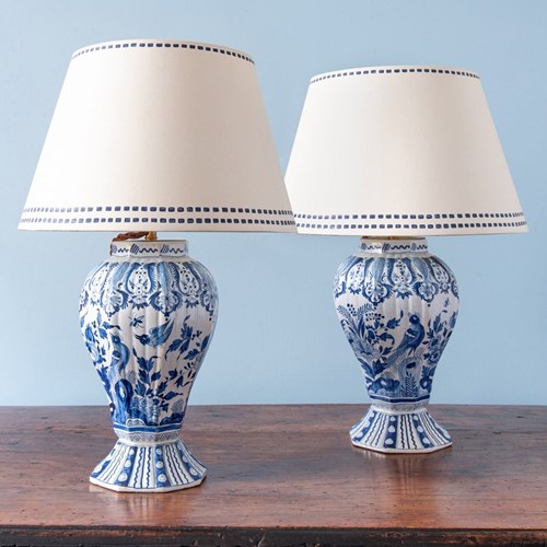 Pair Of Samson Faience Blue & White Vase Lamps, 19Th Century