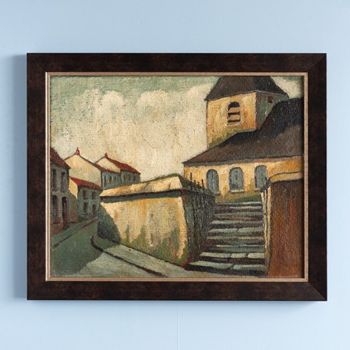 French School, Streetscape With Church, Oil Painting On Board, Early C20th