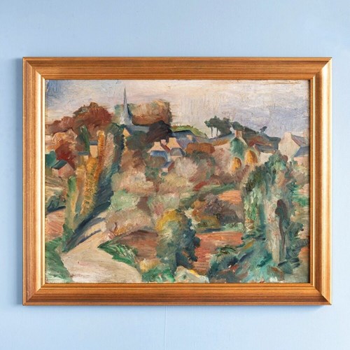 French School, Landscape With Church, Oil Painting On Canvas, Early 20Th Century