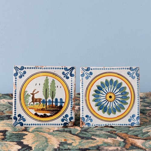 Nevers Faience, Two Polychrome Stencilled Tiles, C. 1830