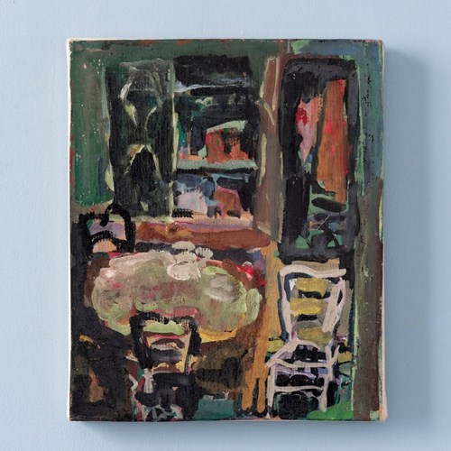 French School, Interior With Table And Chairs, Oil Painting On Paper, Midcentur