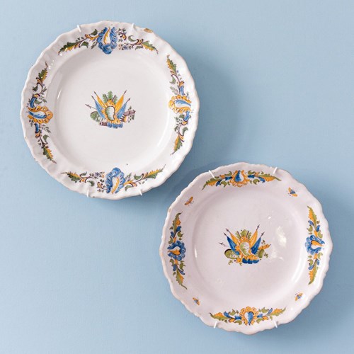 Pair Of Moustiers Faience, Rococo Flag Plates, C. 1750