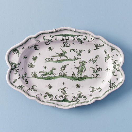 Moustiers Faience, Green Grotesques Oval Dish, C. 1740-1760