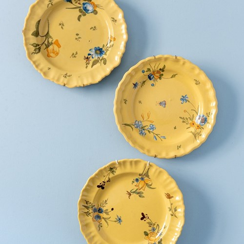 Trio Of Marseille Faience Yellow Floral Plates, C. 1760