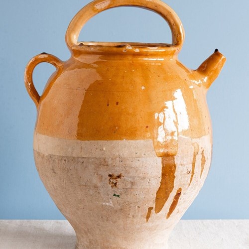 French Pottery, Large Glazed Ochre Jug, 19Th Century