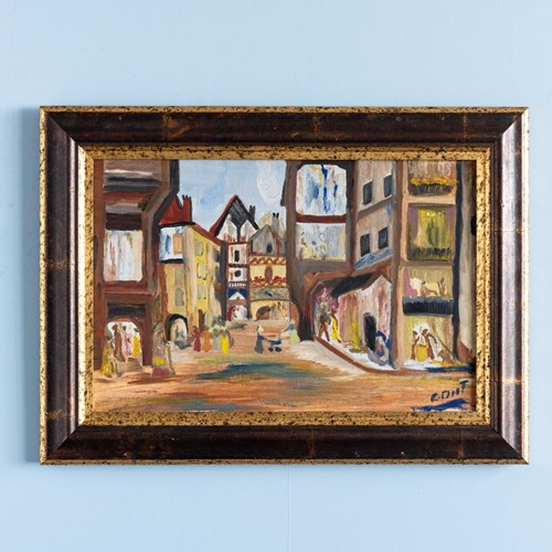 French School, Vibrant Streetscape, Oil Painting On Canvas, Midcentury