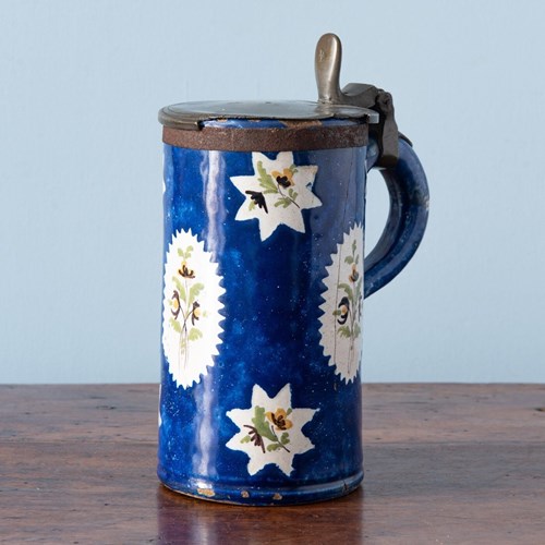 Brussels Faience, Blue Floral Pewter-Mounted Beer Stein, Early 19Th Century