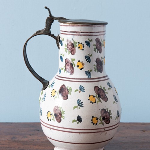 Brussels Faience, Pewter-Mounted Floral Jug, Late 18Th Century