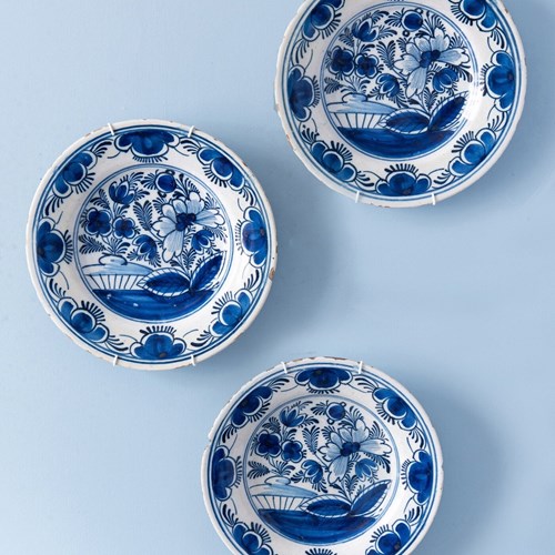Dutch Delft, Set Of Three Blue & White Floral Plates, 18Th Century