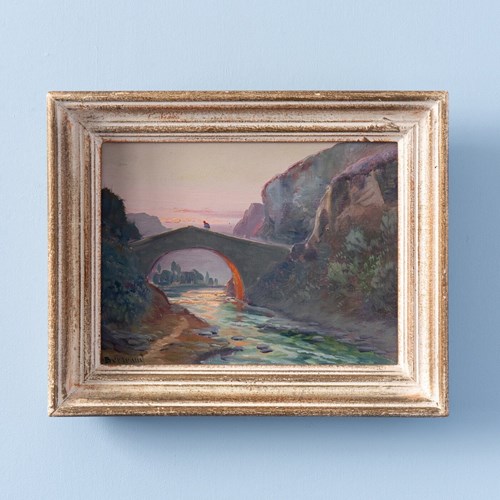 French School, Bridge At Sunset, Oil Painting On Board, Midcentury
