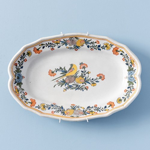 Sinceny Faience, Polychrome Oval Dish With Bird And Pomegranates, 18Th Century