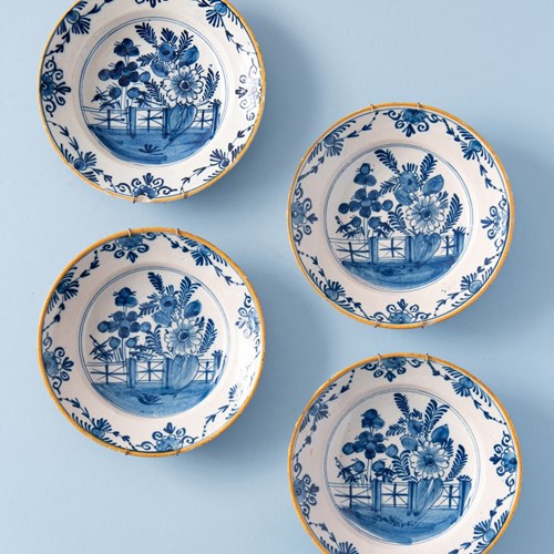 Set Of Four Dutch Delftware Blue & White Floral Plates, 18Th Century