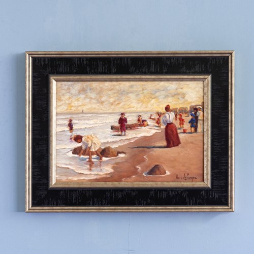 Anne De Saeger, Beach Scene, Oil Painting On Board, Midcentury