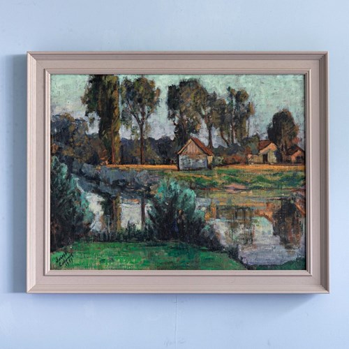 French School, Country Landscape, Oil Painting On Canvas, 1957