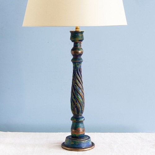 Polychrome Turned Wood Candlestick Table Lamp, Midcentury