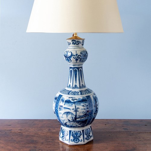 Dutch Delft, Blue & White Chinoiserie Garlic Neck Vase Lamp, 18Th Century
