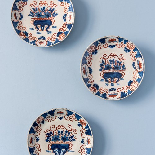 Trio Of Dutch Delft Blue & Red Plates, 18Th Century