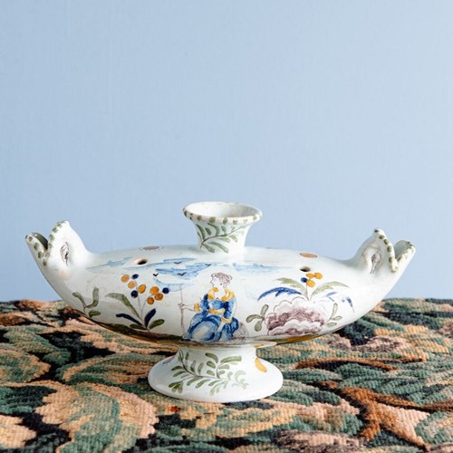 French Faience, Tulipiere With Country Scene, Midcentury