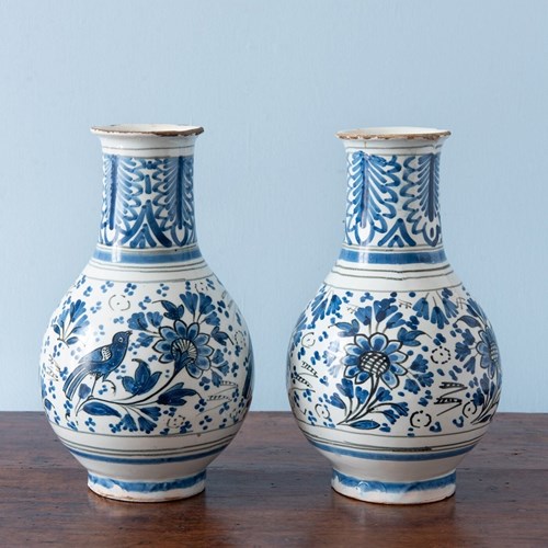 Pair Of Rouen Faience Blue & White Floral Vases, 18Th Century