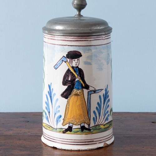 Bayreuth Faience, Pewter Mounted Carpenter Beer Stein, Early 19Th Century