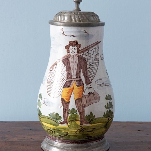 Bayreuth Faience, Pewter Mounted Fisherman Birnkrug, 19Th Century