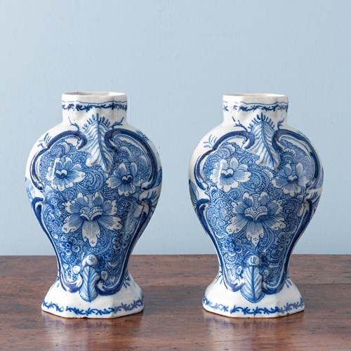 Pair Of Dutch Delft Blue & White Baluster Vases, 18Th Century